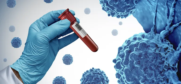 Graphic image of a gloved hand holding a red vial in front of a background of illustrated cells.