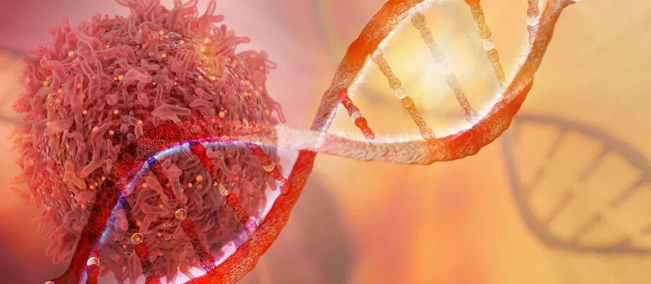 Graphic illustration of a cancer cell and a DNA helix in red and yellow shades.