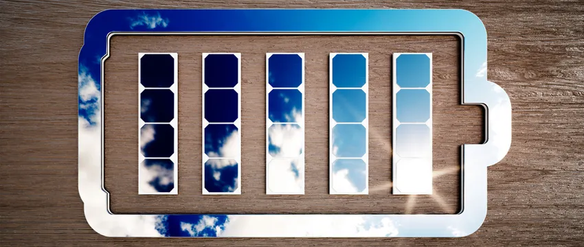 Graphic of a battery shaped pictogram colored in with an overlaid image of solar cells.