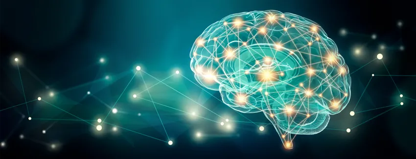 Graphic image of a human brain with nodes lit up to indicate connections.