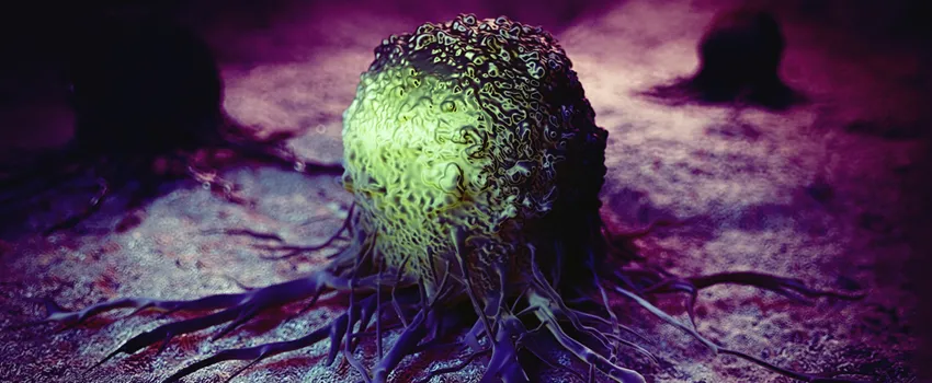 Graphic illustration of cancer cell indicated in green, against a purple background.