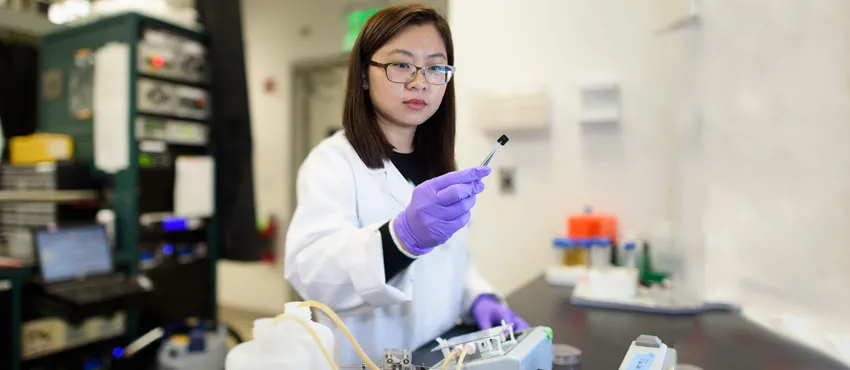 Photo of postdoctoral scholar Chong Liu examining a carbon-amidoxime electrode in the laboratory.