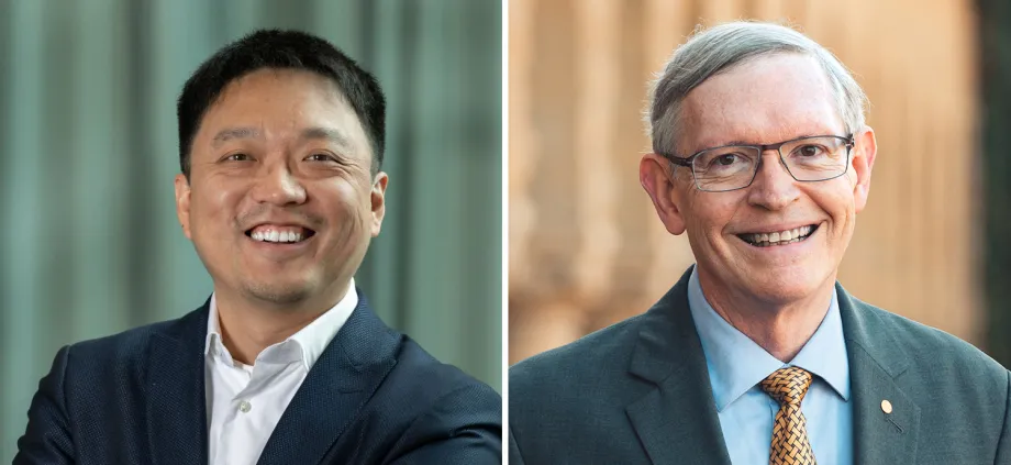 One headshot photo of Dr. Lei Stanley Qi and one headshot photo of Dr. W. E. Moerner.