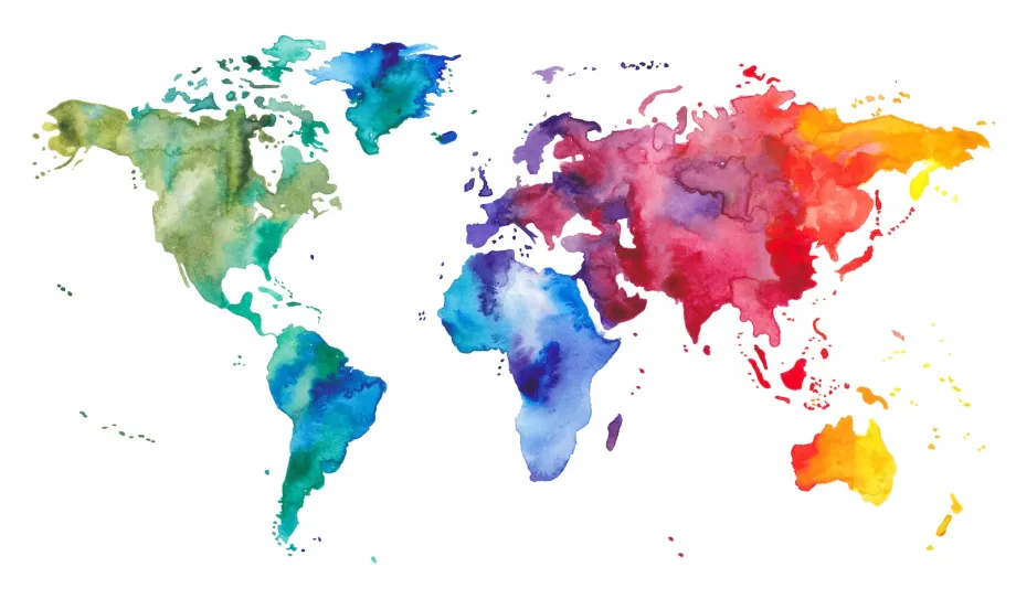 Graphic showing a world map in different colors of watercolor.